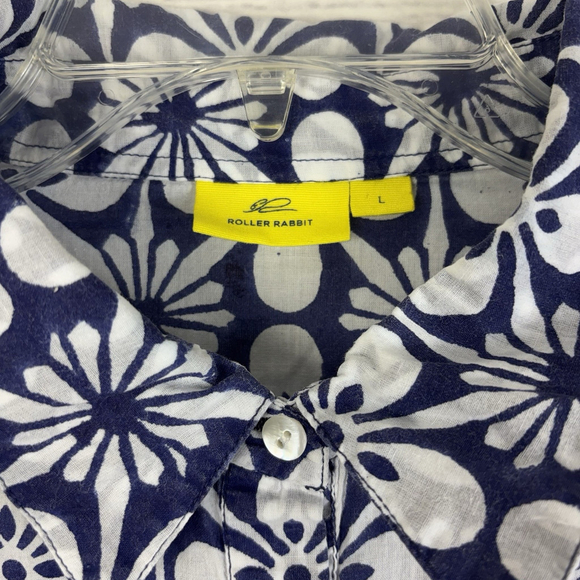 Roller Rabbit Floral Shirt Dress Blue Turquoise Button Front Tunic Pockets Sz L - Picture 4 of 8